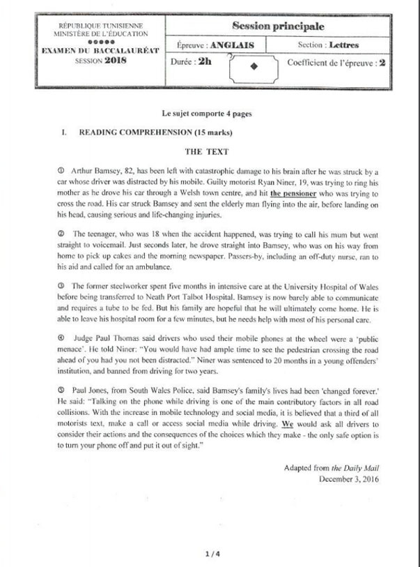 En photos  Le sujet de l’épreuve d’anglais de la section Lettres