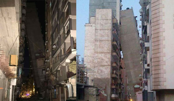 فيديو يحبس الأنفاس.. بناية 12 طابقاً تميل على أخرى بمصر