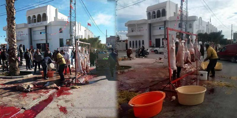 صور صادمة: احتجاجا على غلق المسلخ البلدي، قصابة فريانة يذبحون أمام مقر البلدية