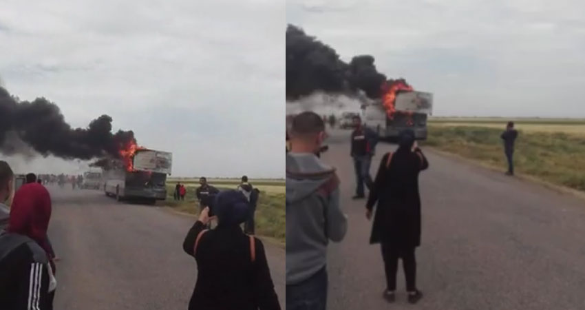 بالفيديو:احتراق حافلة لنقل العمال بالسبيخة