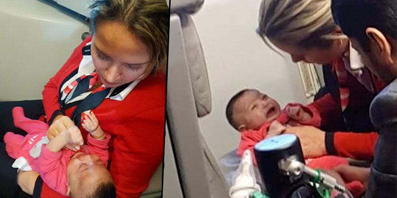  En photos : Une hôtesse de l’air de Tunisair s’occupe d’un bébé victime d'un malaise en plein vol